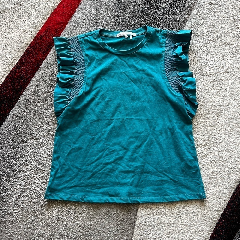 English Factory Teal Ruffle Sleeve Poplin Top